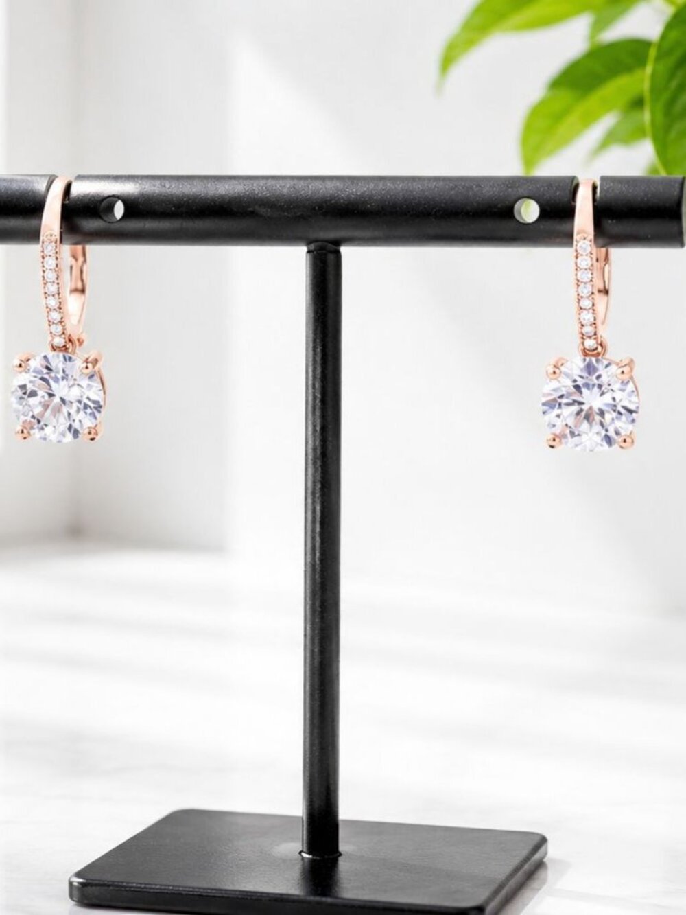 Rose Gold Plated Drop Earrings With Round Cubic Zirconia & Pave Accents Lever Ba